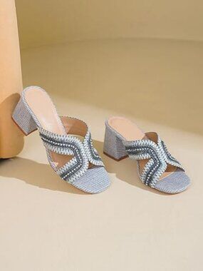 Women’s Pearl Block Heel Mule Sandals Open Toe Slip On Dressy Summer Heels